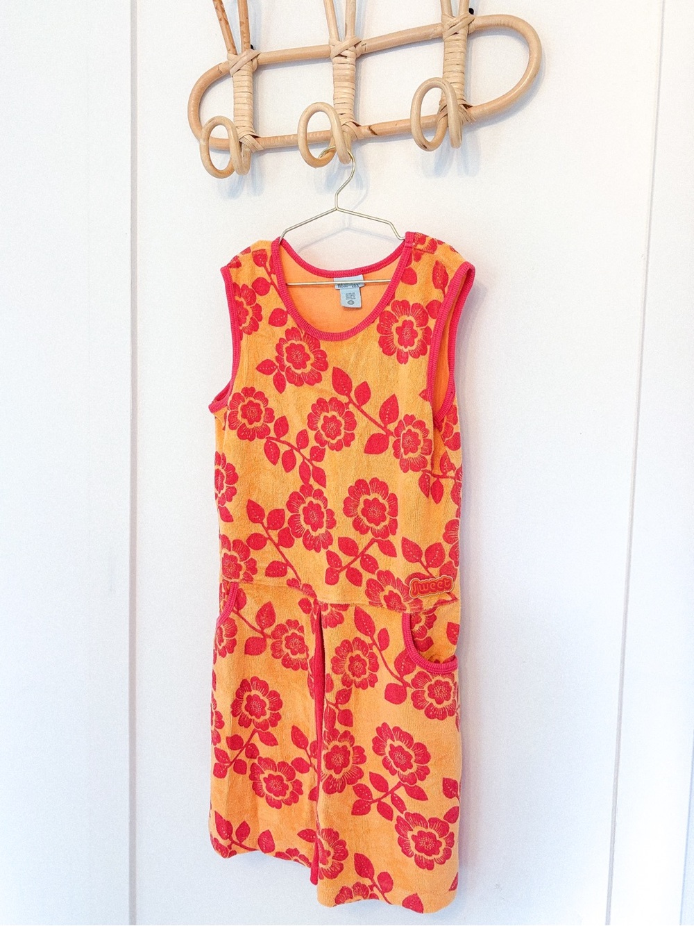 vintage healthtex orange and pink floral sleeveless terry cloth dress